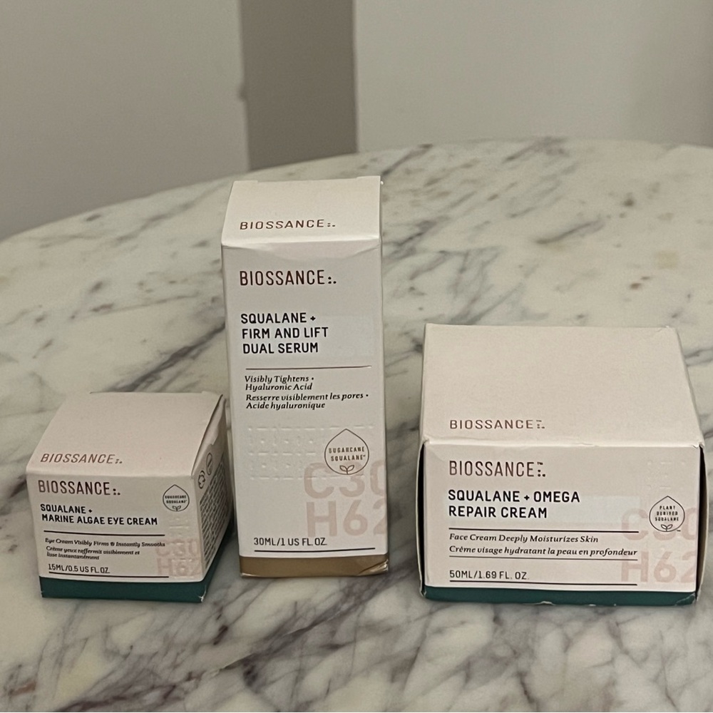 Biossance Skincare — Firm & Lift Serum + Omega Repair Cream + Eye Cream — NWT